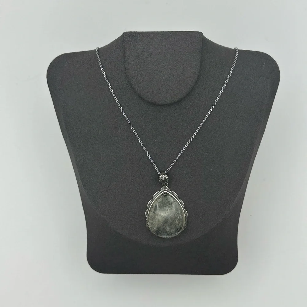 Dendritic Agate Teardrop Pendant in Silver 925 Setting on Silver 925 Chain - Picture 5 of 16